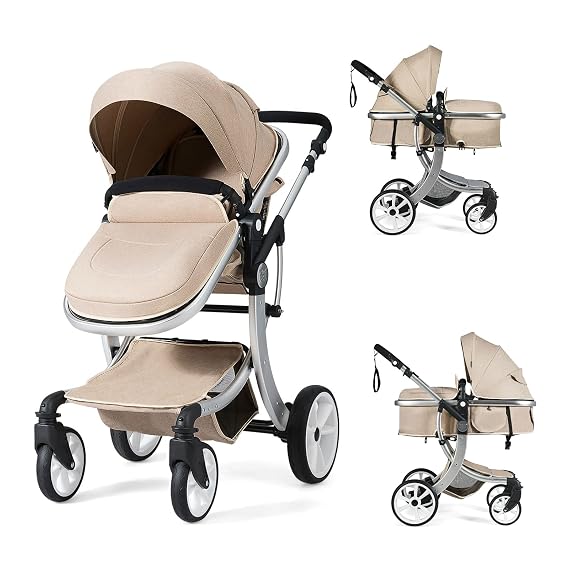 HONEY JOY Baby Stroller, High Landscape Convertible Infant Bassinet, Adjustable Canopy & Backrest, Storage Basket, Foot Cover, Foldable Newborn Carriage Pram (Beige)