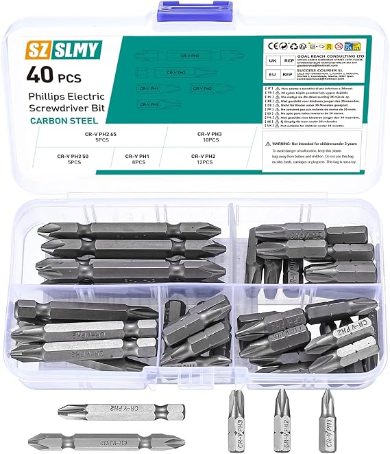 PH Bit Set, 40 Pcs PH1 PH2 PH3 Bits, Phillips Screwdriver Bit Set, Security Bit Set, Impact Driver Bits, Precision Security Bits, CR-V 1/4" Hex Drive Hex Shank Screwdriver Bits