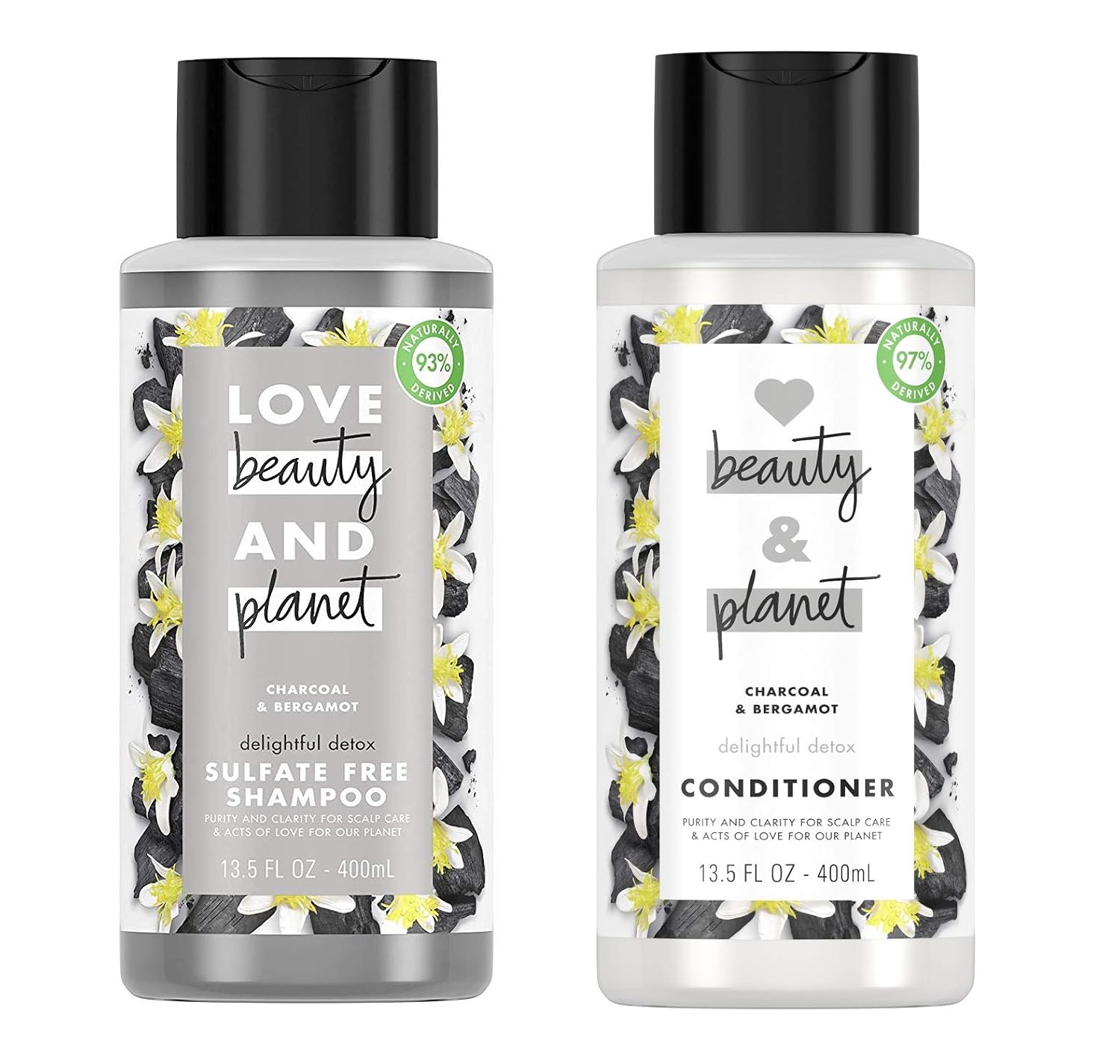 Love Beauty & Planet Sulfate Free Clarifying Shampoo and Conditioner Set, Charcoal & Bergamot 13.5 oz each