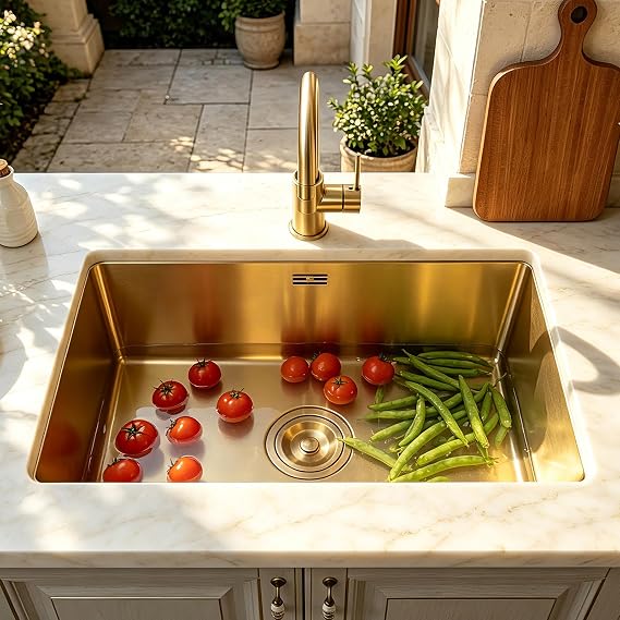 55x40cm Kitchen Sink, Brushed Gold Single Bowl Sinks, Stainless Steel Bar Kitchen Sinks, Undermount Or Above Counter Sink With Drain Filter