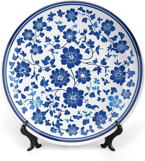 Blue Ceramic Decorative Plate, Porcelain Decorative Dish with Stand, Chinese Blue and White Porcelain Bone China Decorative Plates Art Porcelain Plate for Living Room Hallway Table Decor