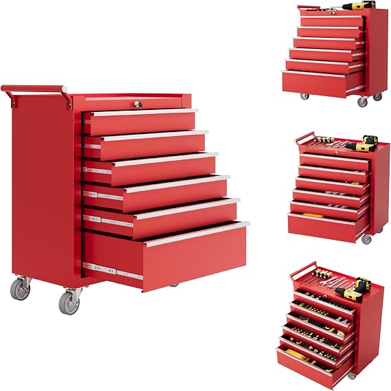 IDEALHOUSE Rolling Tool Chest, 6 Drawers Tool Storage Cabinet, Toolbox with Wheels, Portable Tool Cabinet Organizer with Locking System & Drawer Liners, Tool Storage Cart for Garage, Workshop, Red