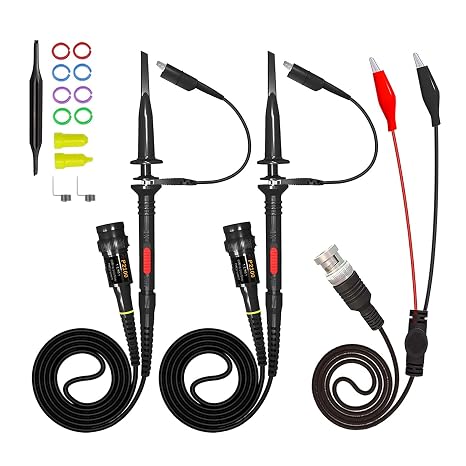 AUTOUTLET 2pcs P2100 100MHz Oscilloscope Probe Kit Oscilloscope Probe with BNC to Crocodile Clip Test Lead Kit 10:1 and 1:1 Switchable High Precision Scope Oscilloscope Clip Probes