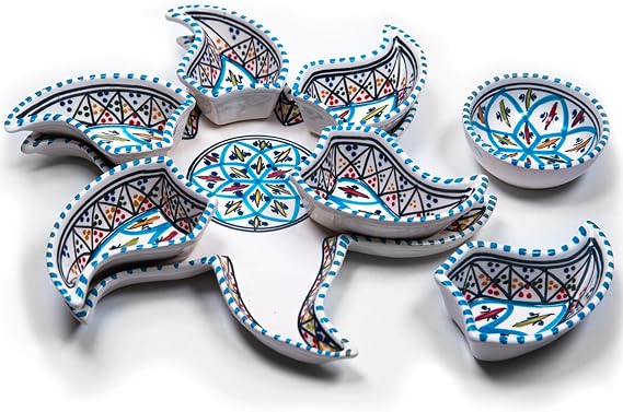 Kamsah Serving Platter, Tray, Dish Set for Entertaining -Hand-Painted Ceramic Star Shaped Appetizer Serving Dishes, Plate for Celebrations, Parties and Events for Food, Dip (Large, Bohemian Turquoise)