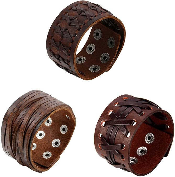 OIDEA Assorted 3pcs Mens Punk Multistrand Leather Braided Bangle Cuff Bracelet for Biker Dad Father Size Adjustable