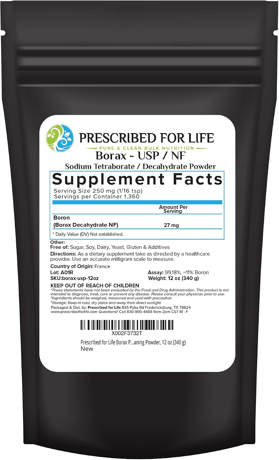 Prescribed for Life Borax Powder, Pure USP NF Grade All Natural Sodium Borate Powder, Household Laundry Booster, Slime Activator & Multipurpose Cleaning Powder 12oz  340g