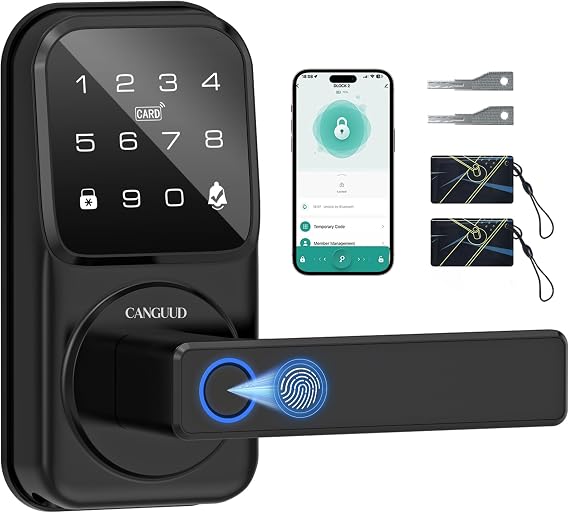 Smart Door Lock with Handle - Keyless Entry Door Lock for Front Door, Touchscreen Keypad Door Knob Lever Lock, Fingerprint Door Handle Lock, Auto Lock, App Control, Easy Installation