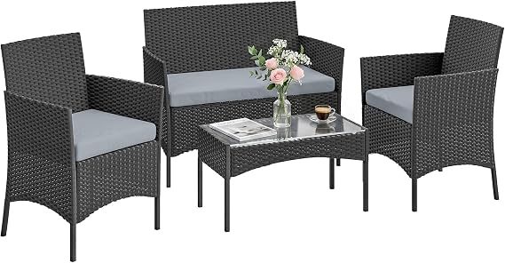 Outsunny 4 Seater Rattan Garden Furniture Set Garden Sofa Set Grey | 4 Piece, Loveseat, Armchairs, Glass-Top Coffee Table, Cushions, Wicker Outdoor Furniture, for Conservatory Patio