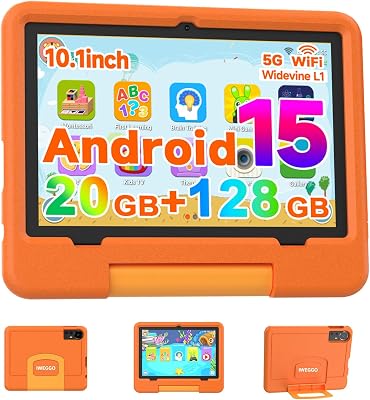 Android 15 Kids Tablet with EVA Case, 10 inch Tablet for Kids, 20GB RAM128GB ROM MAX 2TB, 1280800 IPS HD Eye-care Touch Screen, 2.0GHz Quad-core Toddler Tablets, 5G WiFi6, Widevine L1 Orange