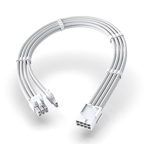 EZDIY-FAB PCIe 8-Pin GPU Extension Cable, Female to 6+2 Male, 30cm, White | 8-Pin Female Input, 6+2 Pin Male Output, 16AWG Copper Wire, PET Sleeved Cable, 30cm Extension Cable, All-White PC Builds