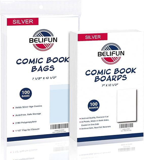 100ct Silver-Age Comic-Book-Bags and Boards - Reusable Comic Book Boards and Bags for Comic Book Storage, 1 1/2" Flap Comic Bags and Backing Boards, Clear Protector and Protection Board Cardboards