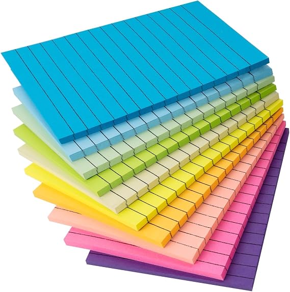 Large Sticky Notes 100 x 150 mm, 500 Sheets Lined Sticky Notes for School | 10 pads sticky notes, self-adhesive notes, colourful notepads for home, office, company