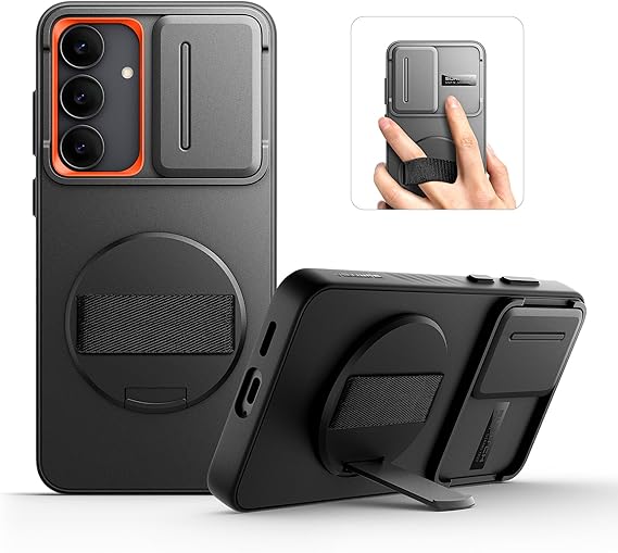 SURITCH for Samsung Galaxy S25 FE Case [No Magnet Ring][360 Rotatable Phone Grip][Invisible Kickstand][Slide Camera Cover] -Black