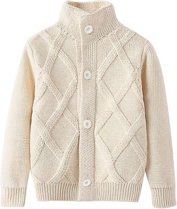 OCHENTA Boys' Chunky Knitted Button Down Turtleneck Cardigan Sweater