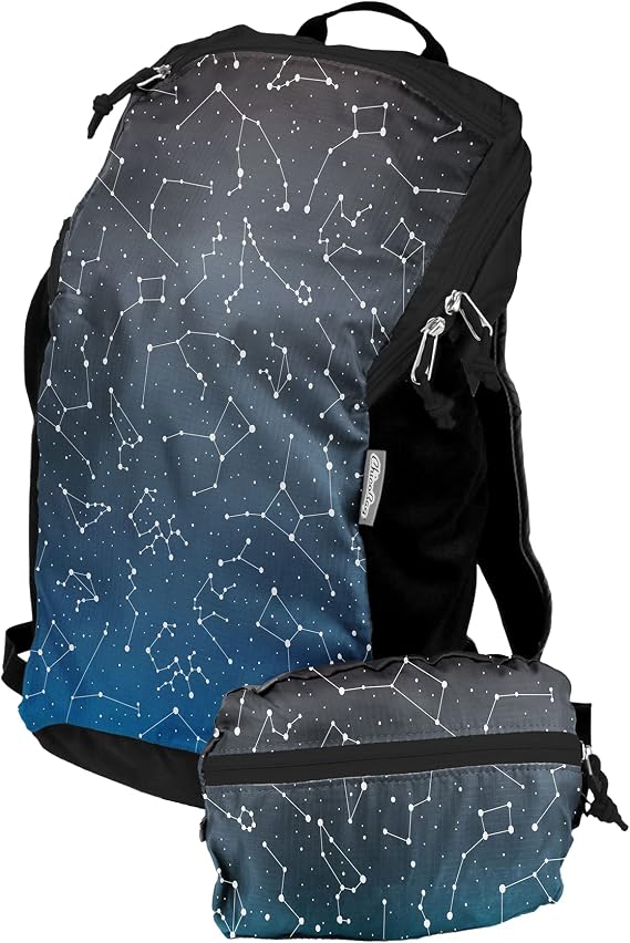 ChicoBag Travel Pack rePETe Recycled Backpack w/Built-In Pouch & Carabiner Clip | Perfect for Outdoor Activities | Eco-Conscious Packable Reusable Bookbag | Night Sky Constellations (Pack of 1)