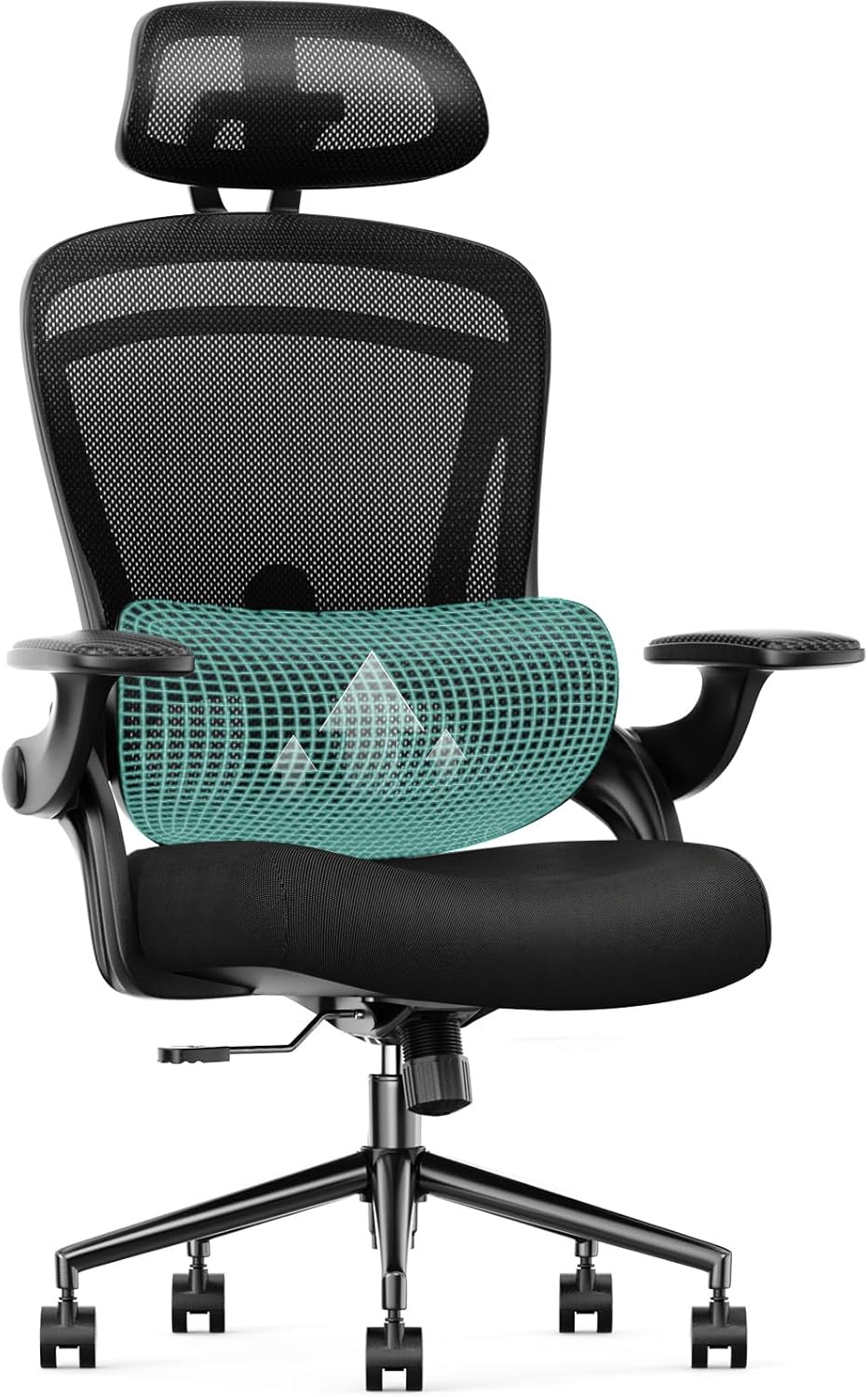 Sweetcrispy Ergonomic Mesh Office Chair, High Back with 2D Headrest, Up & Down Lumbar Support, Rotating Computer Task Desk Chair with Adjustable Flip Up Armrest, Black