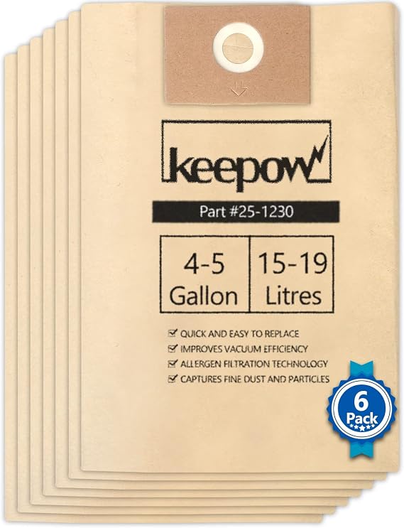 KEEPOW 4-5 Gallon Shop Vac Bags for Stanley Wet/Dry Vacuums | SL18130P SL18133 SL18129, 6 Pack Disposable Filter Bags Accessories, Replace Part# 25-1230