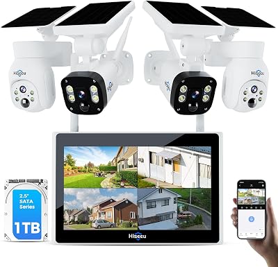 Hiseeu [1TB HDD,4MP Spotlight] Solar Home Security Camera System,PTZ Dome  Bullet Solar Security Cameras Wireless Outdoor,10CH 10 Inch LCD 4K NVR,Smart Human Detection,2-Way Audio,Motion Record