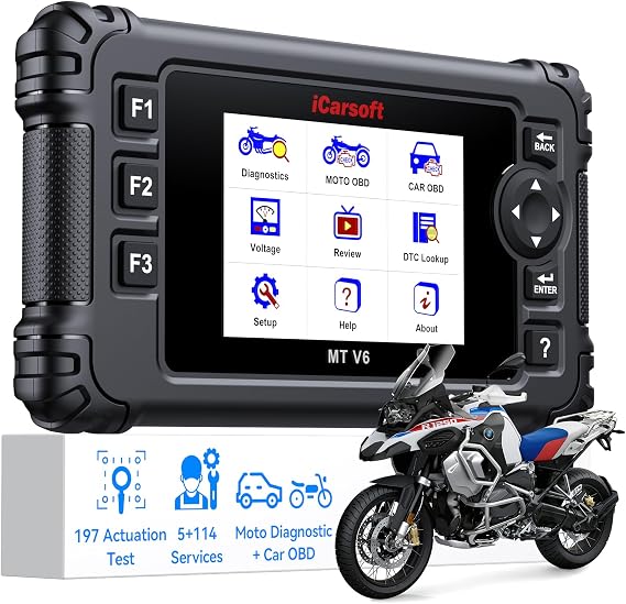 iCarsoft MT V6 Motorcycle Diagnostic Tool for BMW Full System 115 Reset /197 Actuation Test, Motorbike+Car OBD2 Scanner Code Reader with ABS Bleeding, Throttle Valve Reset, Battery Test, AutoVIN