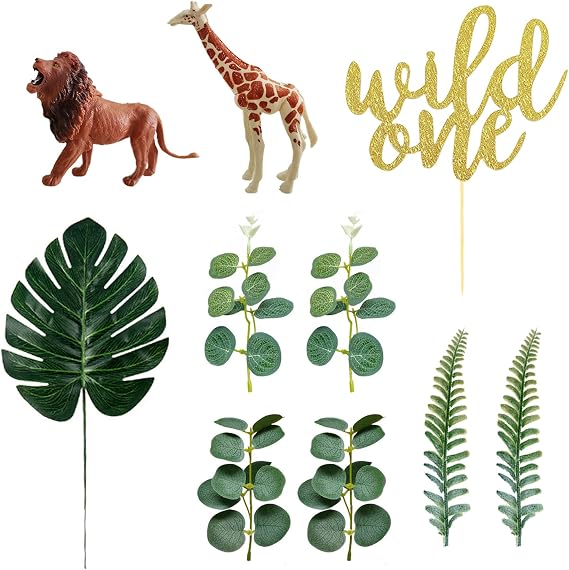 Realistic Safari Jungle Animals Cake Toppers with Plam Leaf Eucalyptus Leaves Cake Decorations for Wild Themed Birthday Baby Shower Party (Wild One)