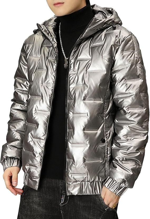 Men's Winter Glossy Padded Hood Coat Metallic Full Zip Down Quilted Jacket Thicken Warmth Puffer Jackets (Silvery,Large)