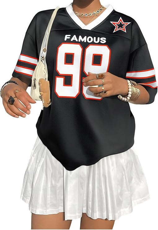 Oversized Jersey Shirts for Women Shirts Y2K Number Graphic Jerseys V Neck Cute Streetwear Tee Tops