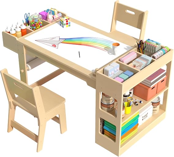 Kids Art Table and Chair Set, Kids Craft Table with Storage, Toddler Activity Play Desk with 2 Chairs, Wood Art Craft Play Desk with Paper Roller for Writing, Drawing, Learning and Reading