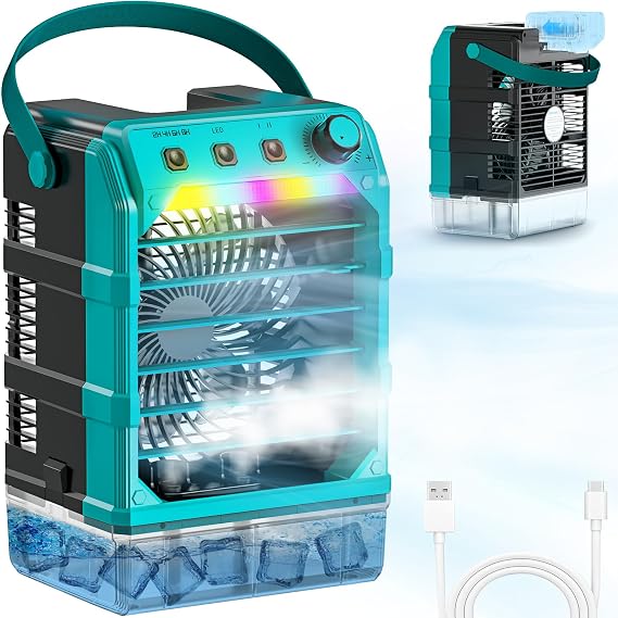 Uniqwamo Misting Fan Portable Compatible for Makita 18V Battery(No Battery) or USB Powered, Cooling Fan for Bedroom with 7 Lights, 8H Timer, 1600ML Water Tank for Outside Camping Tent Room Office Desk