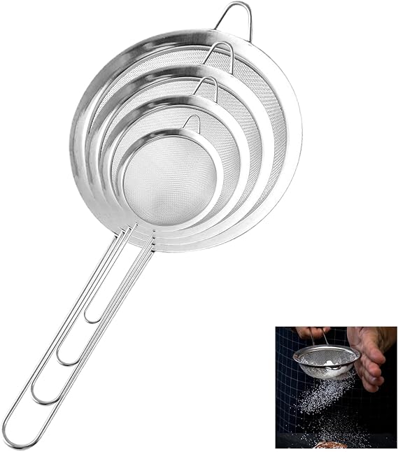 Kitchen Sieve Set, Stainless Steel with Reinforced Handle, 7/10/14/18 cm Sieve Fine Mesh Kitchen Strainer Set Stainless Steel Strainer with Reinforced Handle
