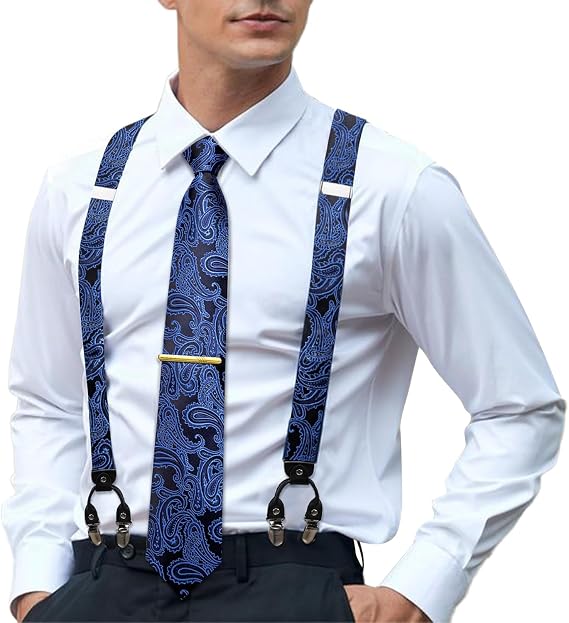 Hi-Tie Men's Suspenders and Tie Set Silk Adjustable Elastic Y Braces with Strong 6 Clips Pocket Square Set
