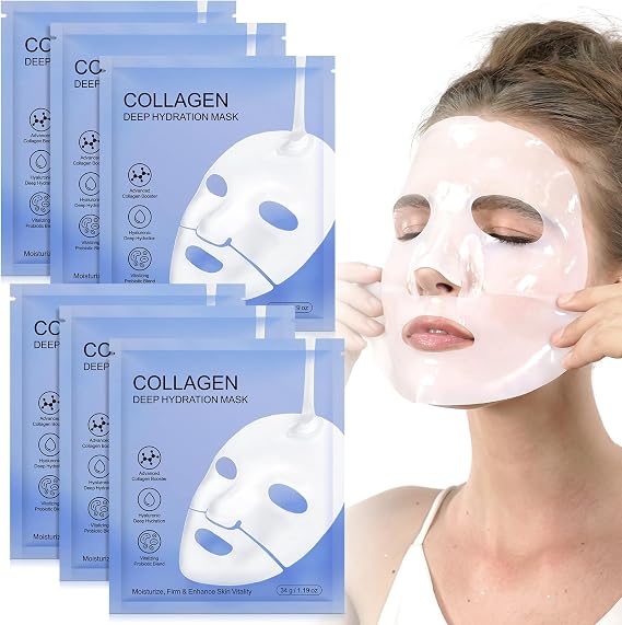 Collagen Face Mask, Collagen Face Mask, Soothing Deep Collagen Overnight Mask, Korean Skincare Moisturize, Pore Minimizing, Elasticity Improvement, Firm and Enhance Skin Vitality, 6PCS