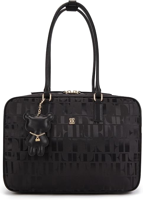ELLE Womens Monogram Shoulder Bag, Black Jacquard Fabric Structured Shoulder Handbag with Zipper Closure, Everyday Work Purse for Travel and Daily Use