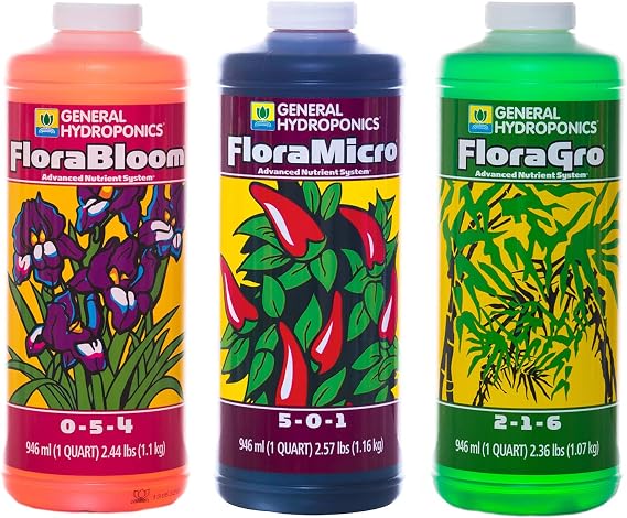 General Hydroponics Flora Series: FloraMicro, FloraBloom, FloraGro - 3-Part Hydroponic Nutrient System, 1 qt. Bottles