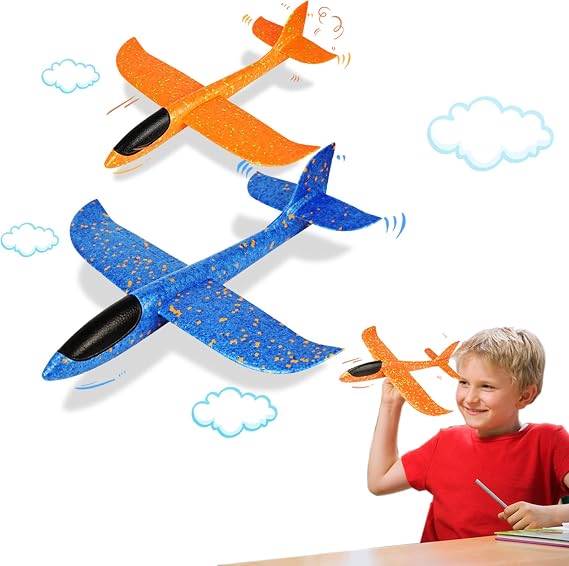 VCOSTORE 2pcs Throwing Foam Glider Airplane,EEP Manual Inertia Airplane Durable Aircraft for Kids Outdoor Sport Toys (Blue/Orange)