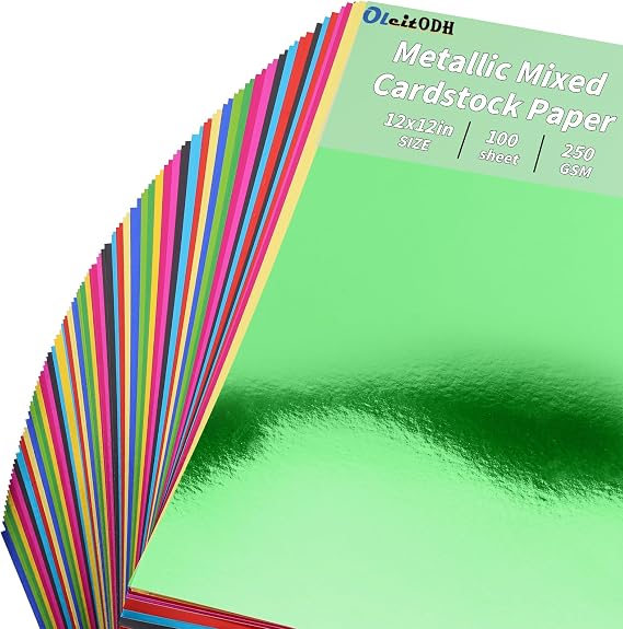 100 Sheets 12x12 in Metallic Cardstock, Assorted Colors, 250GSM