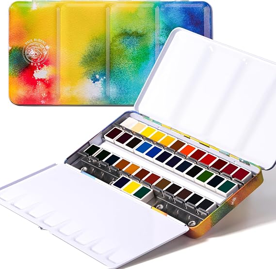 Paul Rubens 36 Watercolour Paint Set Professional Grade with Palette and Portable Metal Box for Artists Students - Drawing Illustration