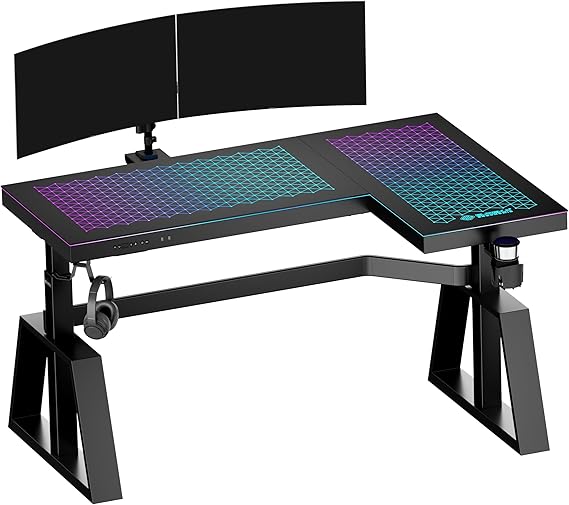 EUREKA ERGONOMIC Standing Desk,Gaming Table,Glass RGB Desks, Height Adjustable Computer 60 Inch L Shaped Corner Desk Music Studio Desk Workstation w Type-C Port,Cup Headset Holder,APP Control,Right