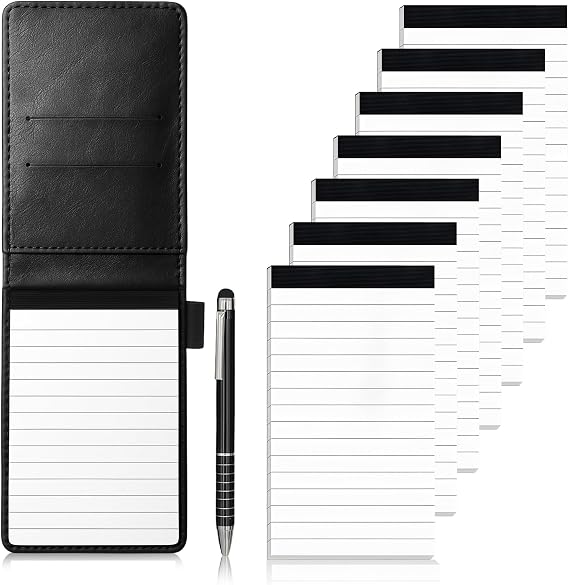 9 Pcs Mini Pocket Notepad A7 Holder Set, Small Notebook with Metal Pen, Leather Mini Pocket Notebook with 50 Lined Sheets and 7 Memo Book Refills, for Writing, Office, Travel, and Business