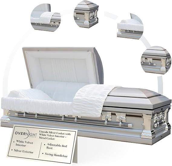 Overnight Caskets Lincoln Funeral Casket Silver with White Velvet Interior
