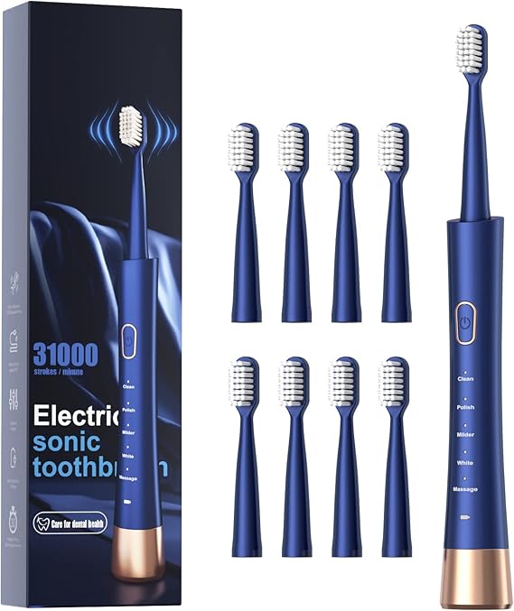 AJELU IPX7 Waterproof Sonic Electric Toothbrush for Adults, 2-Hour Fast Charging, Smart Timer, 5 Brushing Modes, 8 Brush Heads, 30-Day Battery Life, Blue