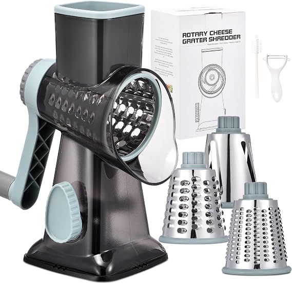 Rotary Cheese Grater with Handle Kitchen Shredder Slicer Grater Slicer Ice Shaver Cheese Vegetable Nuts Potato Zucchini Chocolate 3 Interchangeable Blades (GreyBlue