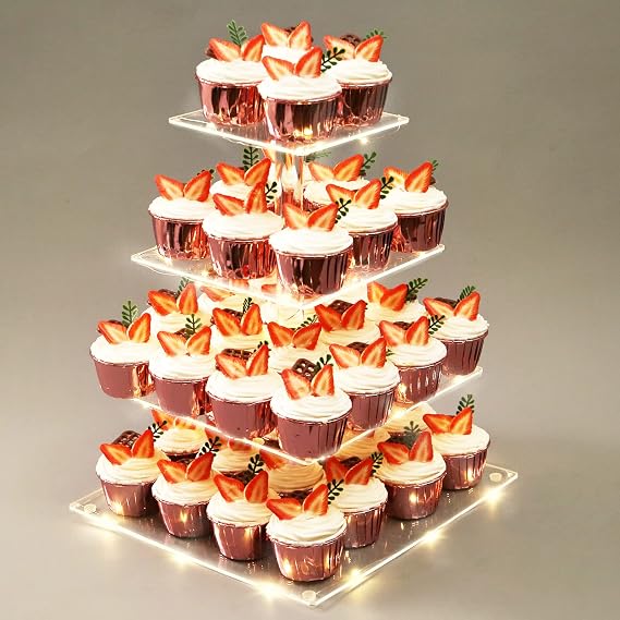 Cupcake Stand for 50 Cupcakes,4-Tier Acrylic Cupcake Tower Holder,Cupcake Holder,Dessert Stands with LED Light String for Cupcake Display,Wedding,Birthday,Baby Shower