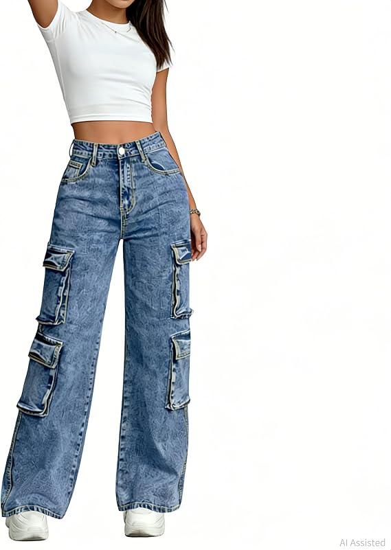 Womens Plus Size Cargo Jeans High Waisted Stretchy Straight Leg Jean