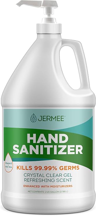 Jermee Moisturizing Hand Sanitizer Gel, 70% Alcohol - Kills 99.99% Germs, Enhanced with Vitamin E and Aloe Vera - Crystal Clear Gel, Refreshing Scent, Made in USA - 1 Gallon with Easy to Use Pump