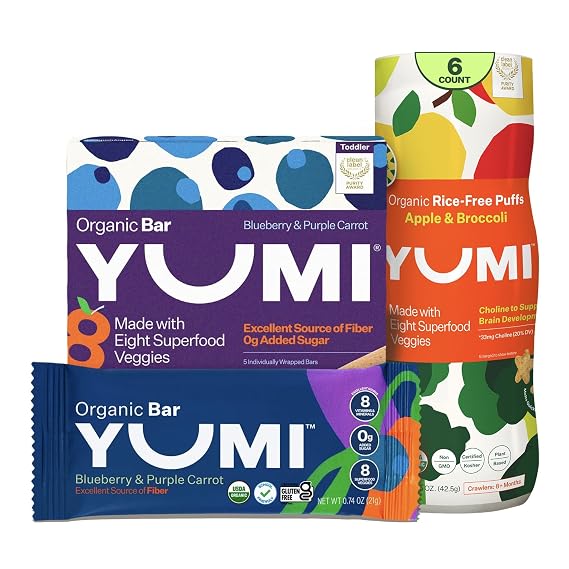 Yumi Organic Toddler Snacks Bars - Gluten-Free, No Added Sugar, 7+ Vegetables, Blueberry & Purple Carrot (30ct.) & YUMI Rice-Free Baby Puffs - No Sugar Added, Gluten-Free, Non-GMO, Apple & Broccoli (6