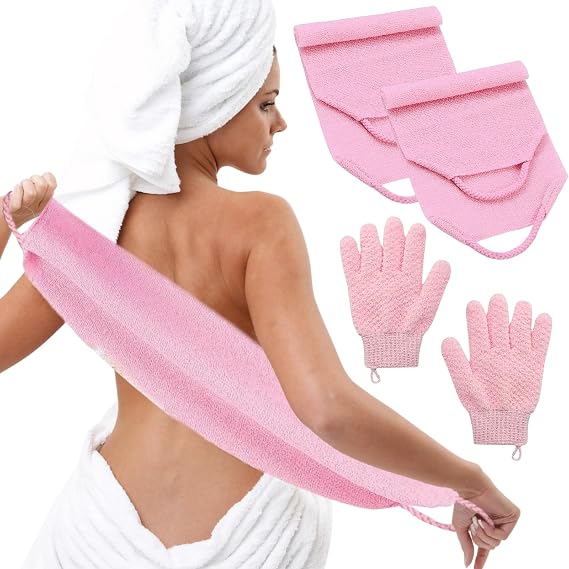 Bath Sets, 2Pcs Exfoliating Glove and 2Pcs Body Scrubber, Back Scrubbers for Use in Shower, Exfoliating Mitt and Exfoliating Towel for Body, Face, Shower, Bath and Deep Cleansing (Pink)