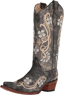 Corral Boots Womens Floral Embroidery Casual Fashion Leather Cowgirl Boots| Snip Toe, 2 Heel