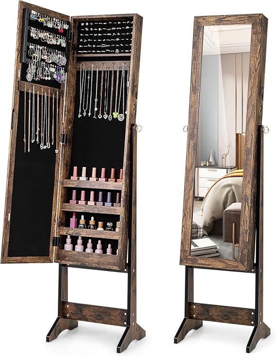 LOKO Freestanding Jewelry Armoire Cabinet, Jewelry Organizer with Full Length Mirror, Standing Makeup Mirror Cabinet with 3 Adjustable Angles & Large Storage Capacity, for Bedroom (Rustic Brown)