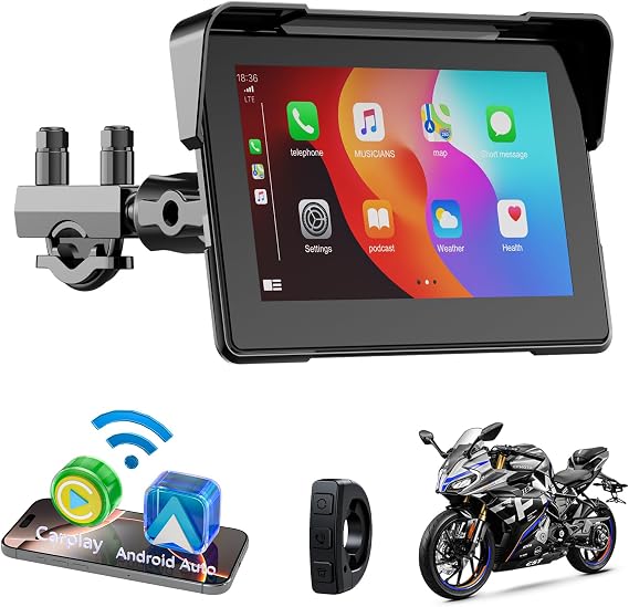 7" Motorcycle CarPlay Screen, Wireless Touchscreen, Android Auto