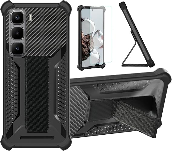 bojioderf Case Compatible for Infinix Hot 60 Pro+Plus X6886 Phone Case Stand Cover [with 1* Tempered Glass Screen Protector] Hybrid Case [Folding Support Magnetic] [Frosted Anti-Fingerprint] Black